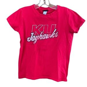 KU Jayhawks Ladies Cut Graphic Tee Shirt Size Medium Red & White